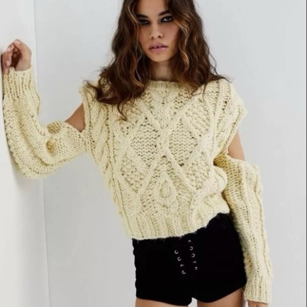 For Love & Lemons Women's S Sweater Cream Cable Knit Cold Shoulder Boho Cottage
